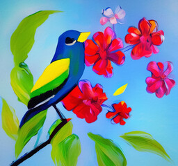 Colorful oil and acrylic modern painting of bird and spring flower. Huge vibrant brush strokes on canvas. Wall art print for canvas, poster, creative design artwork