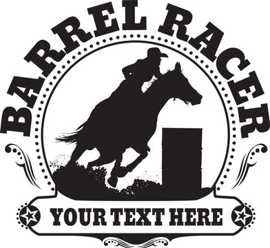 A rodeo logo with western design elements and a silhouette cowgirl barrel racer.