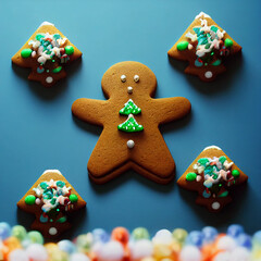 Christmas pastries, gingerbread, cookies.  Festive ornaments, glass balls, gingerbread man, candies, and cookies, are isolated on blue background. 