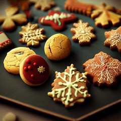 Christmas pastries, gingerbread, cookies.  Festive ornaments, glass balls, gingerbread man, candies and cookies.