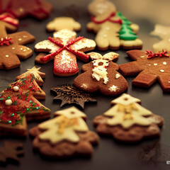 Christmas pastries, gingerbread, cookies.  Festive ornaments, glass balls, gingerbread man, candies and cookies.