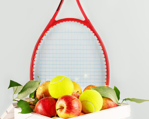Tennis composition with yellow tennis balls, apples in a white wooden box with lightening and red...