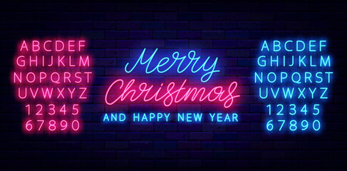 Merry Christmas and Happy new Year neon signboard. Light lettering. Shiny pink and blue alphabet. Vector illustration