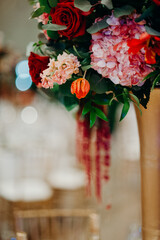 Cascade of greenery and flowers from a wedding reception site