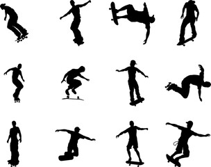 Silhouette outlines of skating skateboarders