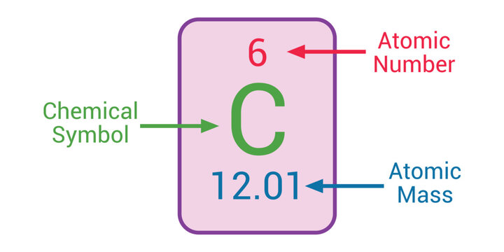 parts of element on periodic table. carbon parts. chemical symbol atomic symbol and atomic mass