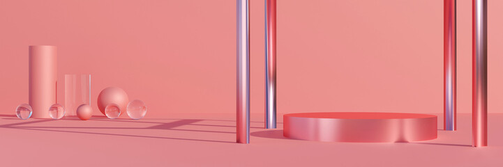 Shiny pink cylinder podium with geometric objects. Stand to show products. Stage showcase with copy space. Pedestal display. Banner size. Website cover template. 3D rendering.