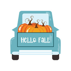 Hello Fall Truck with Pumpkins Vector Illustration