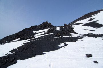 Amazing view from above the mount Etna Volcano craters in the Catania city, Sicily island Sicilia, Italia Europe