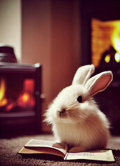 cute fluffy rabbit in glasses reading a book sitting in an armchair against the background of an interior with a fireplace