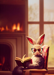 Obraz premium cute fluffy rabbit in glasses reading a book sitting in an armchair against the background of an interior with a fireplace