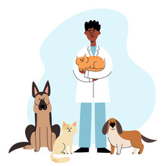Veterinarian standing with cats and dogs on vet interior - 527908715