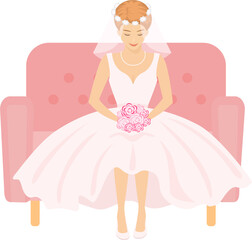 Cute bride in wedding dress and with bouquet.  Cartoon flat style