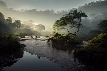 amazonas rainforest, tropical river with steam, jungle landscape with sunrise, fictional landscape created with generative ai