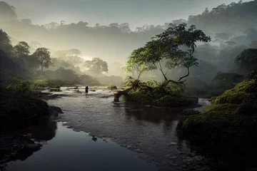 Photo sur Plexiglas Gris 2 amazonas rainforest, tropical river with steam, jungle landscape with sunrise, fictional landscape created with generative ai