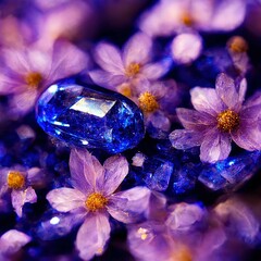 Blue sapphire in flowers, close-up. Flowers and a gemstones. Stylized illustration, 3D rendering.