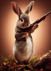 cute fluffy rabbit hunter with a gun on the hunt in the forest