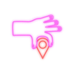 Fototapeta premium Map pointer in hand neon on dark background. Vactor stock illustration.