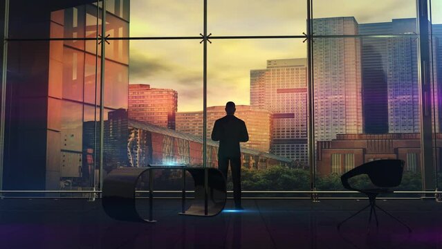 Businessman in front of office window at sunset, 3D render