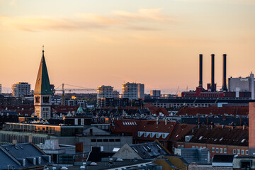 Copenhagen, Denmark,  The city skyline at sunset.