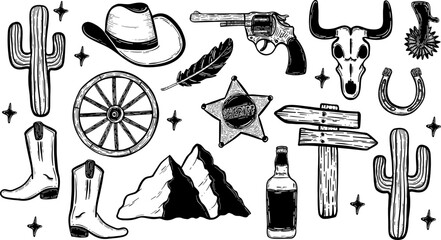 Big set of vector wild west badges, texas road sign, old wooden wheel, whiskey, money bag, revolver, horseshoe, sheriff badge, cowboy boots. cactus, bison cow skull, cowboy hat isolated on white - obrazy, fototapety, plakaty