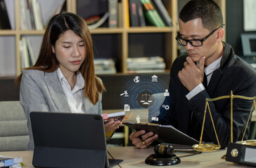 Concepts of Law and Legal services. Lawyer working with law interface icons. Blurred background.	