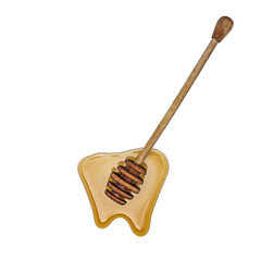 Spilled honey with wooden stick or ladle on transparent background. Healthy food concept.