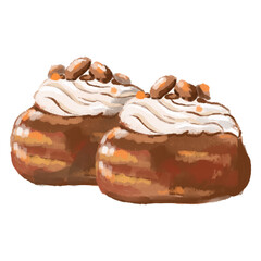 Praline Cream puff .Water colour hand drawn illustration. Isolate on white background.