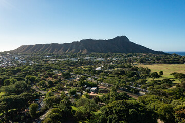 Aerial, morning view of Diamond Head crater in Honolulu, Hawaii