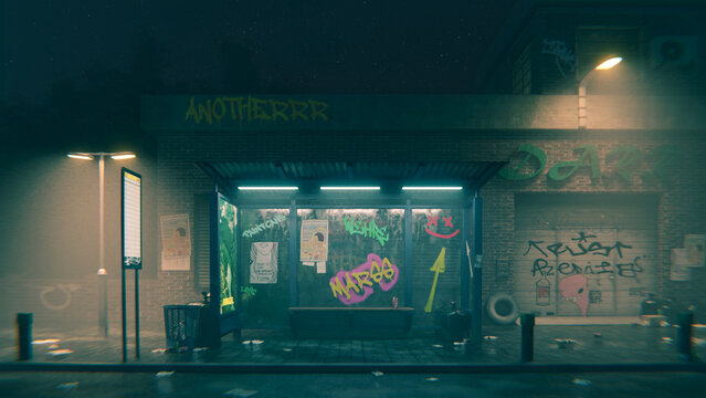 3D illustration of bus stop concept art, dirty street in night time, dark alley, light from lamp lantern, graffiti, wet glass, trash on pavement blurred and lens distorted background, noise effect