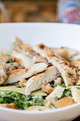 Caesar Salad. Chicken salad with lettuce, onion, cheese, croutons. Healthy salad.