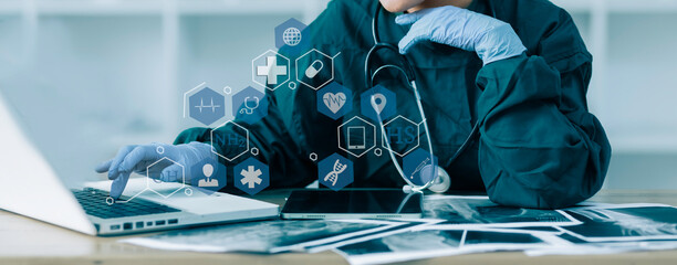 Medicine doctor using digital healthcare and network connection on hologram modern virtual screen...