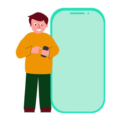 Boy using smartphone for social media or online shopping, searching or payment, vector