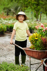 Boy with Wheelbarrow of Flowers