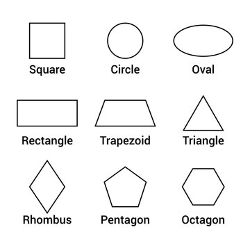 2D geometric shapes with names in mathematics. square circle oval rectangle trapezoid triangle rhombus pentagon octagon