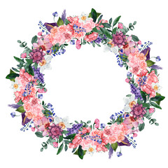 Round wreath with flowers watercolor illustration