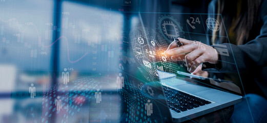Business hands working on network and digital finance marketing chart with future technology...