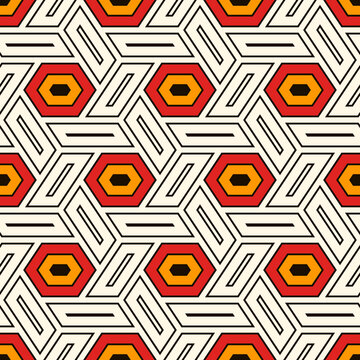 Hexagonal seamless pattern. Mosaic tiles. Geometrical wallpaper. Honeycomb print. Ethnic ornament illustration. Wicker background. Flooring image. Digital paper. Geometric backdrop. Vector artwork.