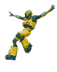 astronaut in green exo suit exploring arround