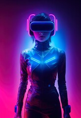 Realistic portrait of a sci-fi neon cyberpunk girl in a cyber suit. High-tech futuristic man from the future. The concept of virtual reality and cyberpunk. 3D render. - 527915385