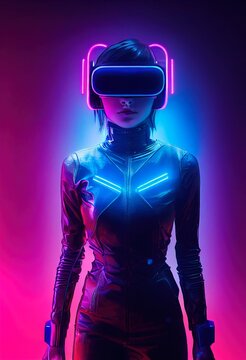 Realistic portrait of a sci-fi neon cyberpunk girl in a cyber suit. High-tech futuristic man from the future. The concept of virtual reality and cyberpunk. 3D render.