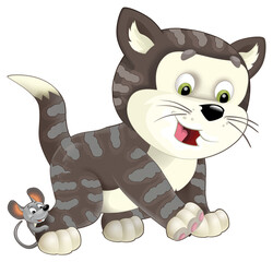 Fototapeta na wymiar Cartoon happy farm cat is standing looking isolated illustration for children