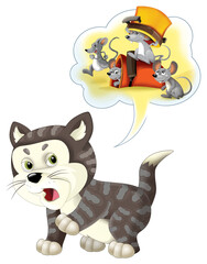 Cartoon happy farm cat is standing looking isolated illustration for children