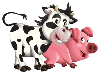 Obraz na płótnie Canvas Cartoon happy farm animals cheerful bull cow and pig are smiling and looking isolated illustration for children