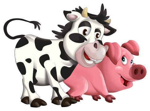 Cartoon happy farm animals cheerful bull cow and pig are smiling and looking isolated illustration for children