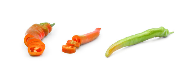 Sliced red hot chili pepper and green one isolated on white background. Seasoning for cooking.	  