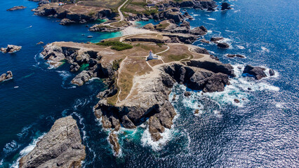 Aerial view of the Pointe des Poulains, the western tip of Belle-île-en-Mer, the largest island of Brittany in Morbihan, France - Wild rocky coast in the Atlantic Ocean - obrazy, fototapety, plakaty
