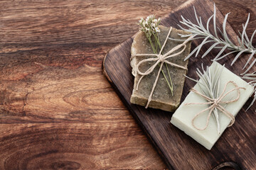 Handmade natural soap on pastel background.