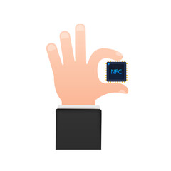 NFC processor icon with hands. NFC chip. Near field communication. Vector stock illustration.