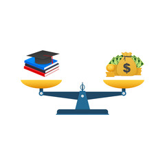 Concept of investment in education with coins books and scales. Vector stock illustration.
